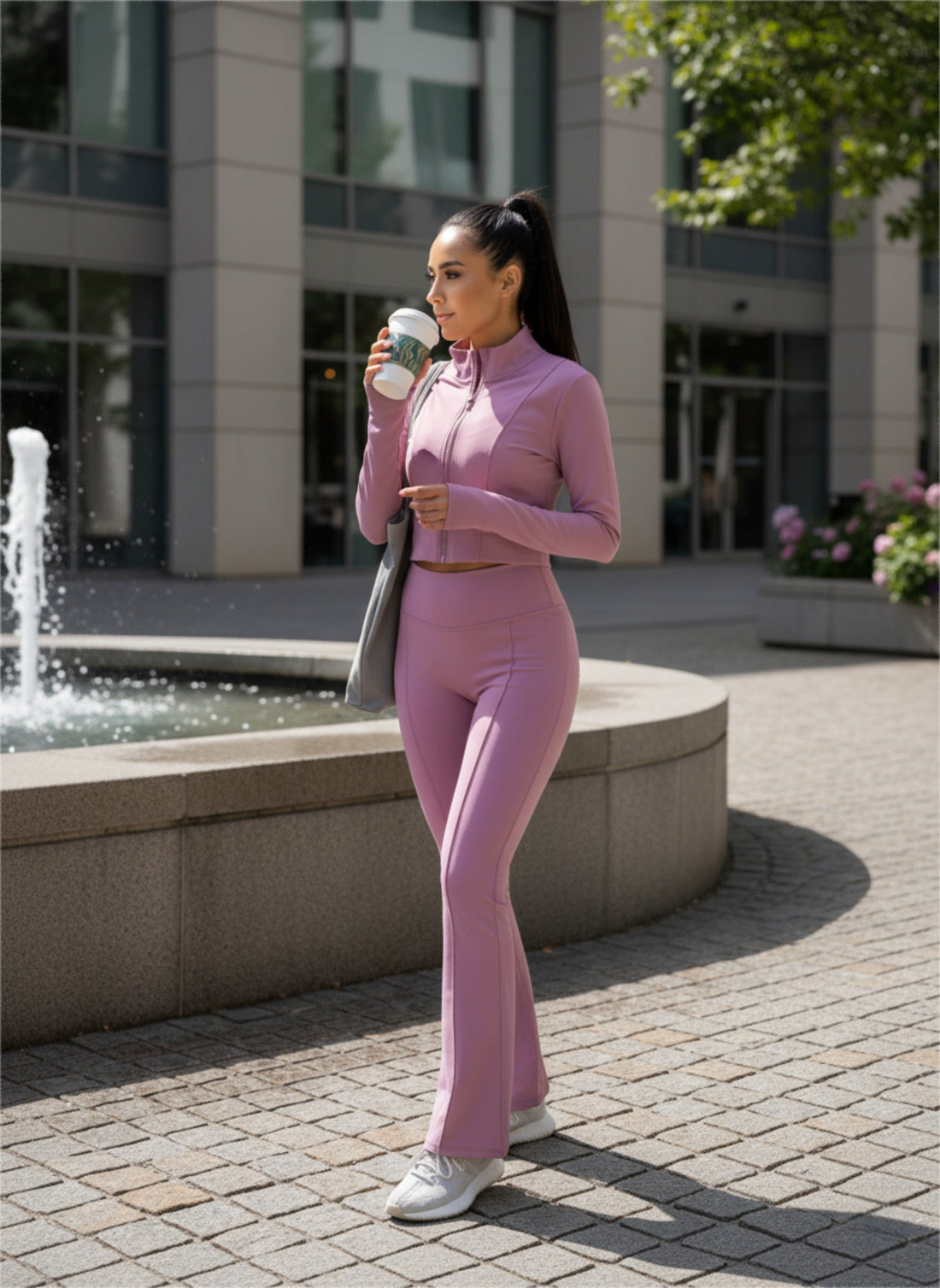 Woman wearing blush high-waist flare yoga pants