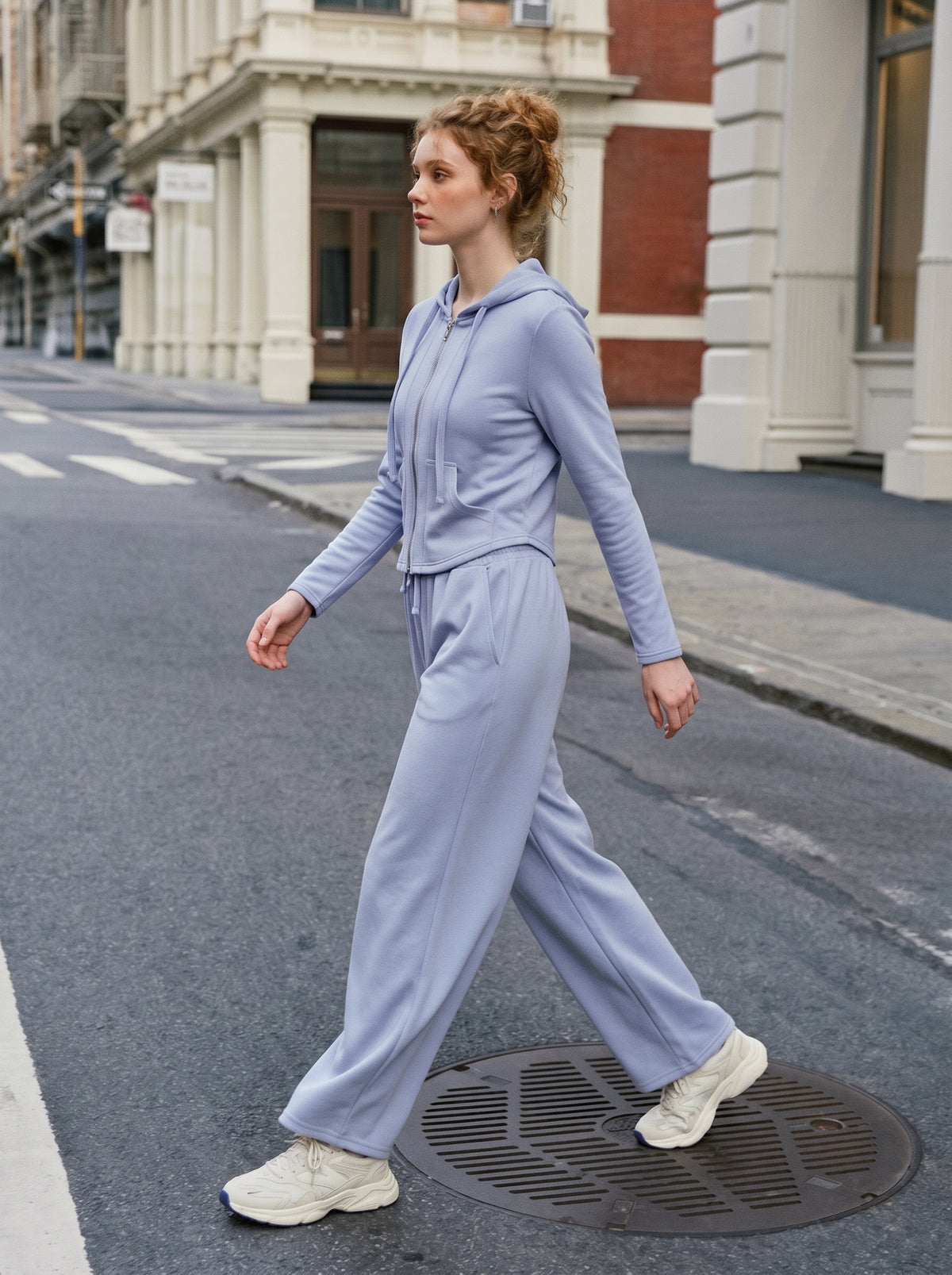 Women's Zip-Up Hoodie & Wide-Leg Pants Lounge Set in Glacier Mist