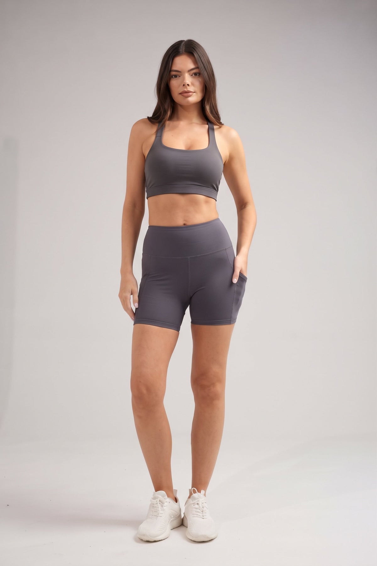 Women's High-Waist Biker Shorts with Pockets in Dark Grey – photo 2