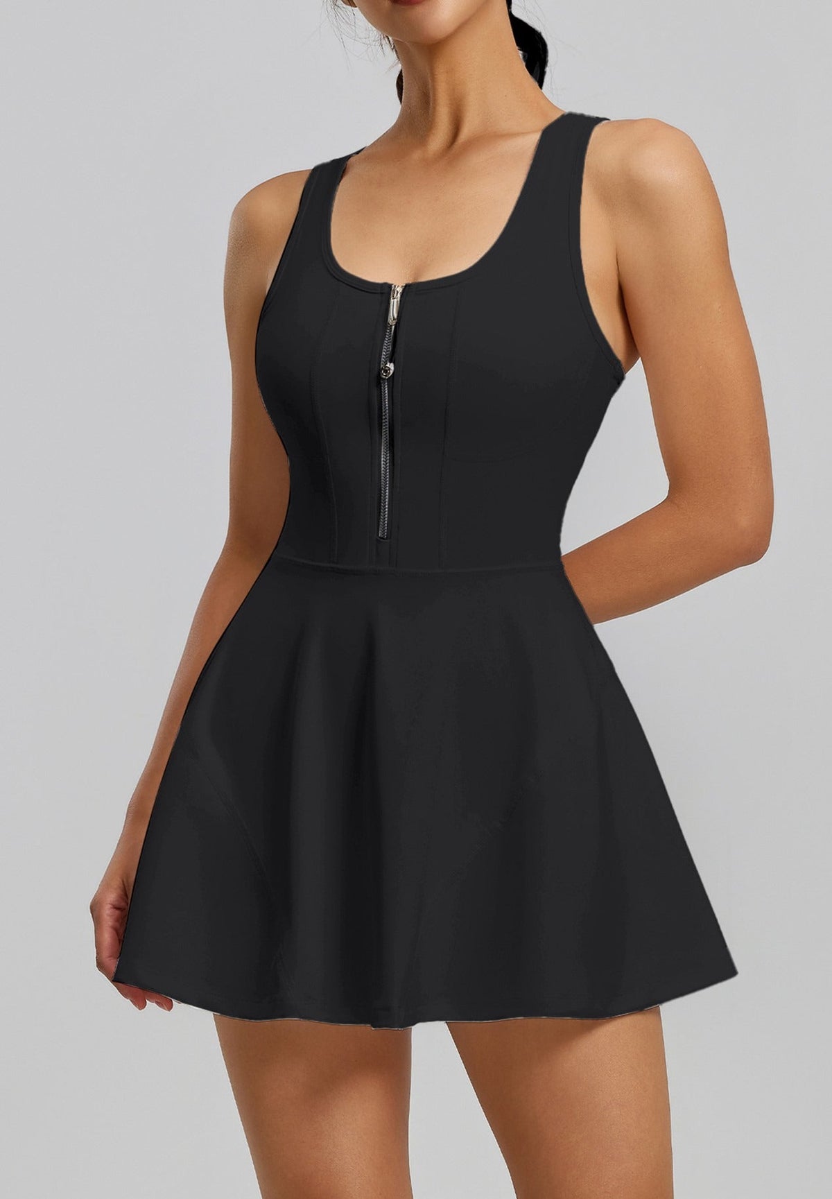 Women's Zip-Front Tennis Dress with Built-In Shorts in Black – photo 4