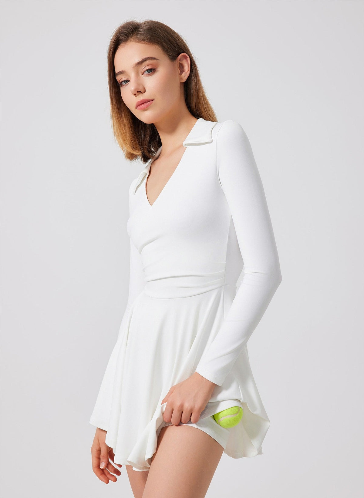 Women's Long Sleeve Wrap Tennis Dress in Ivory – photo 3