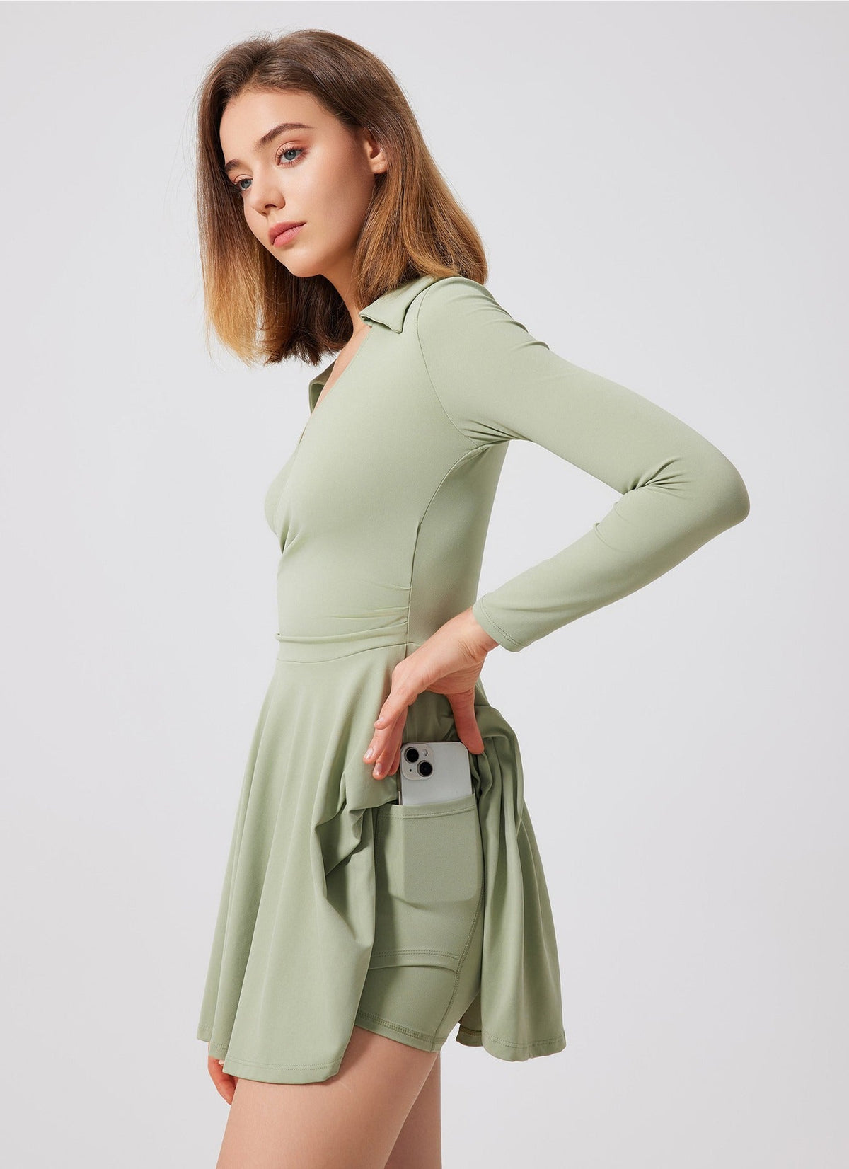 Women's Long Sleeve Wrap Tennis Dress in Sage – photo 3