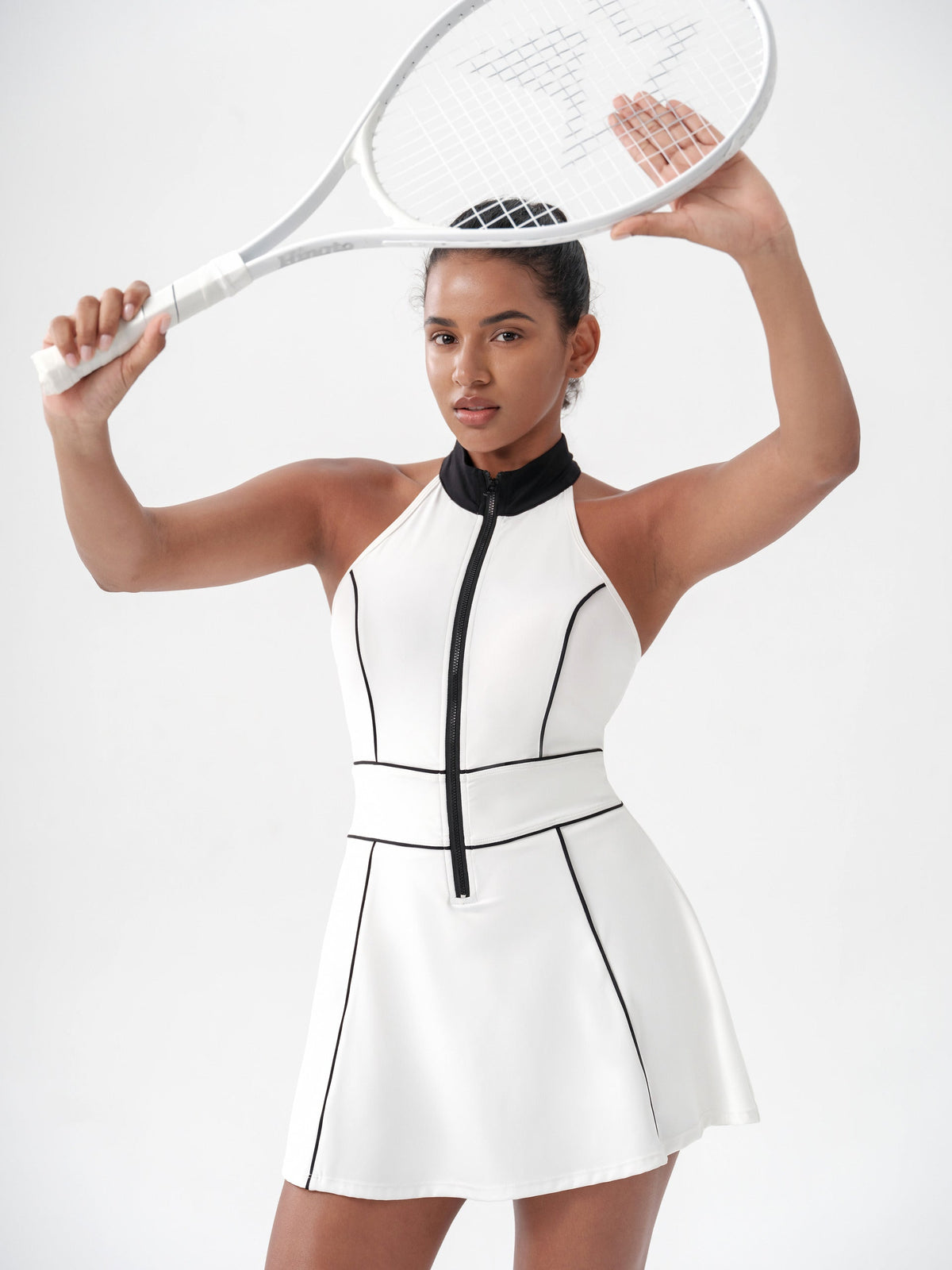 Women's Halter Zip Tennis Dress with Contrast Trim in White – photo 6