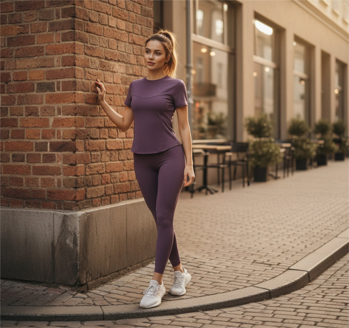 Women's Fitted Seamed Short Sleeve Yoga Tee in Lavender