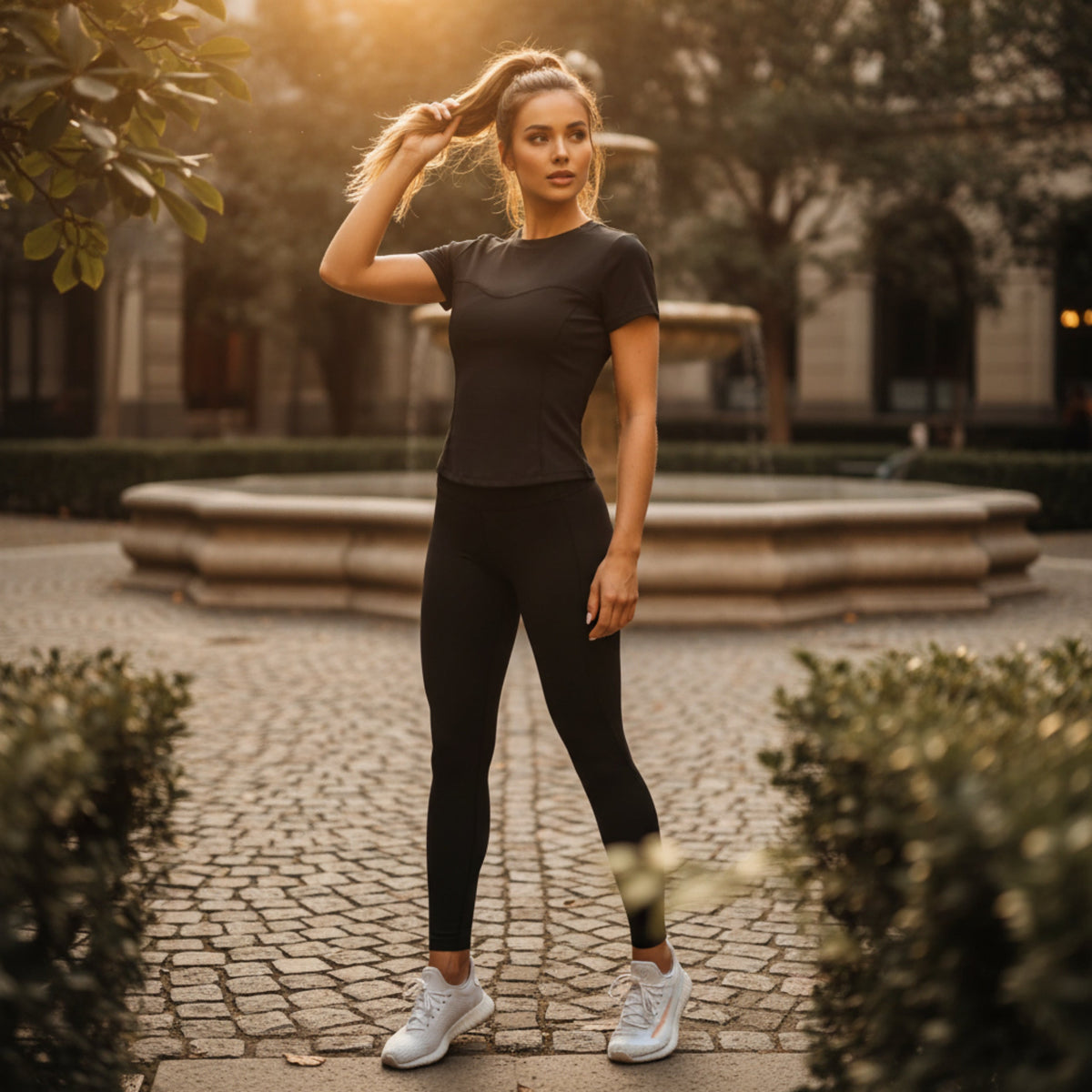 Women's Fitted Seamed Short Sleeve Yoga Tee in Black
