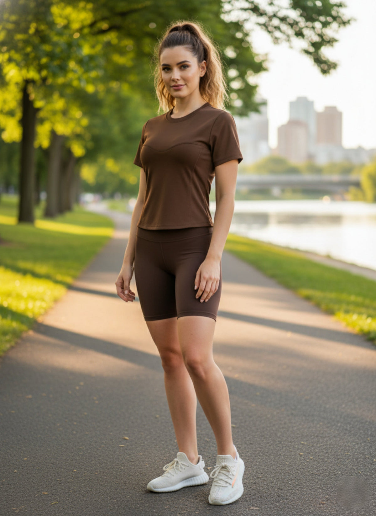 Women's Fitted Seamed Short Sleeve Yoga Tee in Terracotta