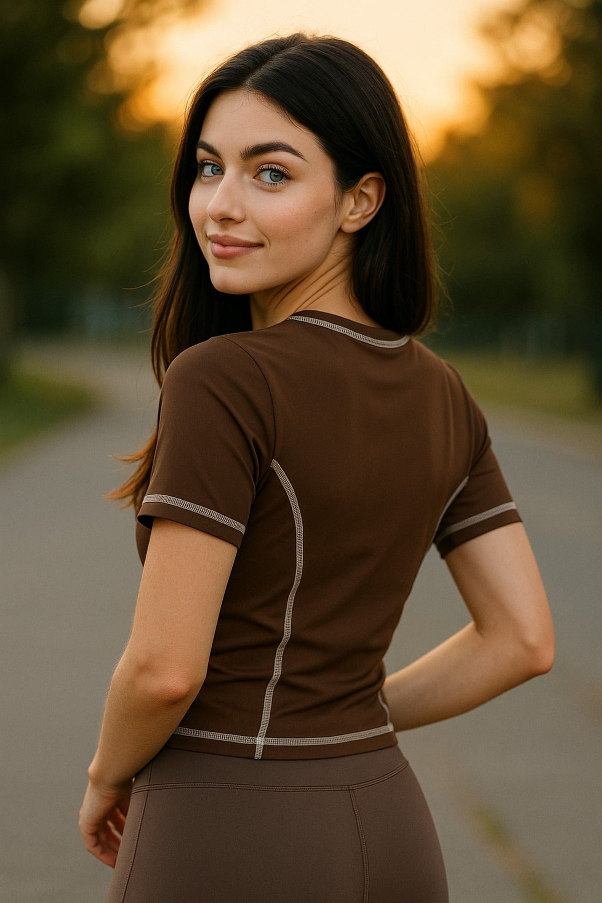Women's Contrast Stitch Fitted Short Sleeve Tee in Terracotta – photo 2