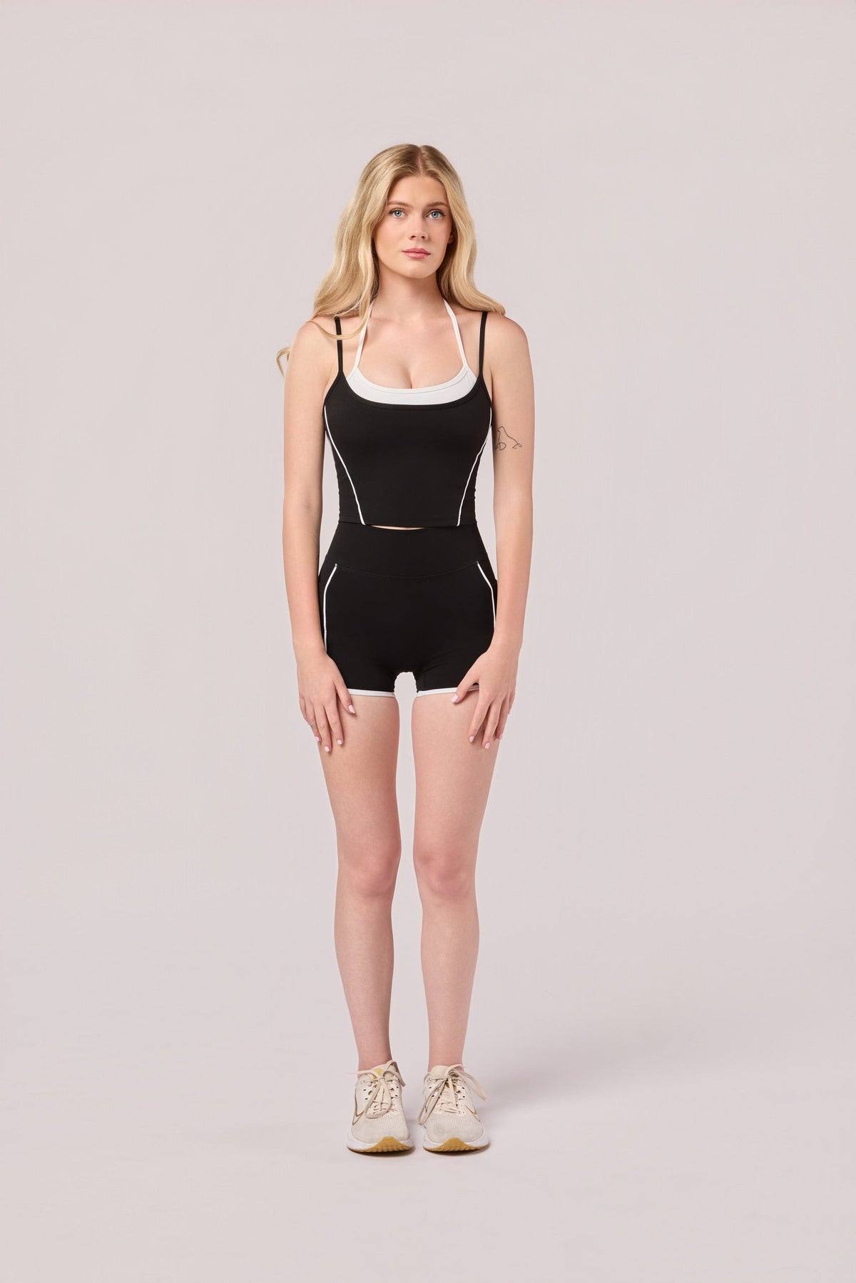 Women's Contrast Trim Scoop Neck Bodysuit with Shorts in Black